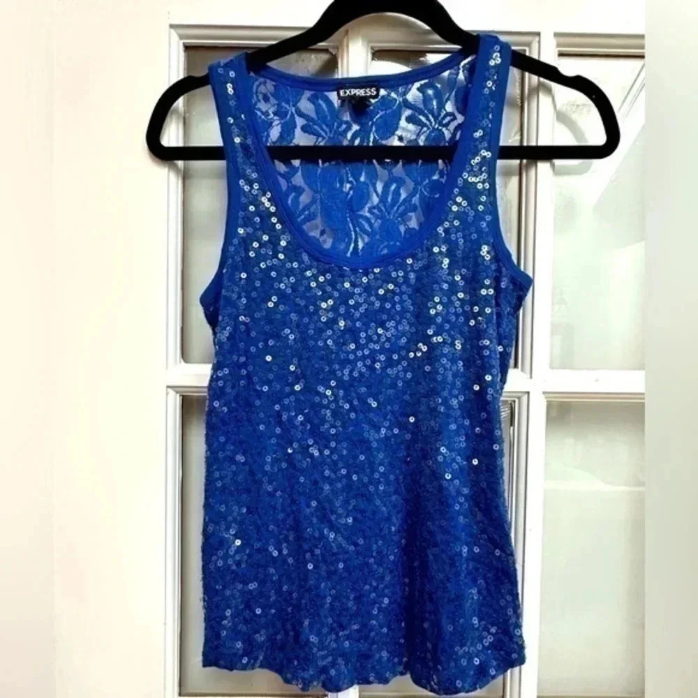 Vintage Express Y2K Royal Blue Sequin Embellishment Club Camisole Top Size XS